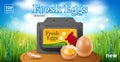 Realistic eggs poster. Cardboard packaging, farm fresh product, natural diet food, green grass, wooden cutting board