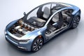 Realistic electric car rendering showcasing internal battery pack and sleek design features Royalty Free Stock Photo