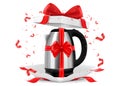 Realistic electric kettle with red ribbon and bow inside open gift box. Gift concept. Kitchen appliances. Isolated 3d vector Royalty Free Stock Photo