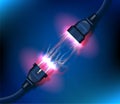 Realistic electric plug and socket with electric sparkles vector background Royalty Free Stock Photo
