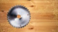 Realistic electric saw disc on the wooden workbench background. Wood sawdust. Woodworking and construction, joinery craft or