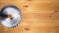 Realistic electric saw disc on the wooden workbench background. Wood sawdust. Woodworking and construction, joinery craft or