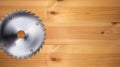 Realistic electric saw disc on the wooden workbench background. Woodworking and construction, joinery craft or carpentry.