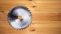 Realistic electric saw disc on the wooden workbench background. Woodworking and construction, joinery craft or carpentry. Circular