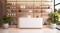 Realistic, elegant and stylish beauty salon shop interior, glamour rose gold products display shelves and counter with green decor Royalty Free Stock Photo