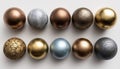 Realistic Elements For Bronze, Brass, Copper, And Silver Balls: Enhancing Your Decor With Metallic Elegance And Timeless Charm. Royalty Free Stock Photo