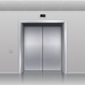 Realistic elevator. Closed metallic cabin doors. Hall interior, building office or hotel vestibule. Steel doorway, call