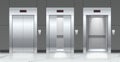 Realistic elevators and entrance doors. Metal passenger lifts. Slightly, opened and closed doorways. Building hallway
