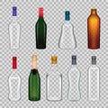 Realistic empty alcohol bottle set. Transparent glass containers for alcoholic beverages Royalty Free Stock Photo