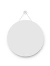 Realistic empty blank signboard white circle hanged on suction cup. Round shape sign frame template hanging on wall