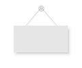 Realistic empty blank signboard white rectangle hanged on suction cup. Round shape sign frame template hanging on wall