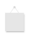 Realistic empty blank signboard white square hanged on suction cup. Round shape sign frame template hanging on wall