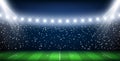 Realistic empty football stadium marking green field glowing light projectors vector illustration Royalty Free Stock Photo