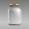 Realistic empty glass jar for canning and preserving with gold lid closeup isolated on transparent background. Design templ Royalty Free Stock Photo