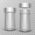 Realistic empty glass jars with silver metal lids