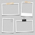 Realistic empty photo card frame, film set. Retro vintage photograph with transparent adhesive tape and paper clip Royalty Free Stock Photo