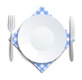 Realistic empty plate, fork and knife served on a checkered napkin vector illustration. Can be used for advertising Royalty Free Stock Photo