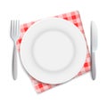 Realistic empty plate, fork and knife served on checkered red napkin vector illustration. Can be used for advertising Royalty Free Stock Photo