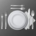 Realistic empty round plate, porcelain dish, steel fork, spoon and knife on table vector illustration Royalty Free Stock Photo