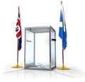 Realistic empty transparent ballot box with voting paper and flag of England and Scotland,