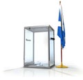 Realistic empty transparent ballot box with voting paper, flag of Scotland,