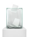 Realistic empty transparent ballot box with voting paper in hole.