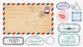 Realistic envelope with various stamps set vector graphic illustration Royalty Free Stock Photo