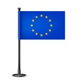 Realistic European table flag on a black steel pole. Souvenir from Europe. Desk flag made of paper or fabric and shiny