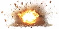 Realistic explosion effect on a brick wall, creating a large hole with debris scattered outward, clean white background Royalty Free Stock Photo