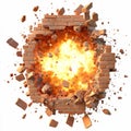 Realistic explosion effect on a brick wall, creating a large hole with debris scattered outward, clean white background Royalty Free Stock Photo