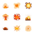 Realistic explosion icons set, cartoon style