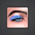 Realistic eyes with bright Eyeshadows of Blue color with glittering texture on dark background, vector EPS 10 illustration Royalty Free Stock Photo