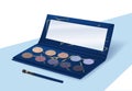 Realistic eyeshadow. Makeup palette. Shimmering powder kit. Opened container with mirror and eye brush. Glittering