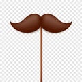 Realistic fake mustache on a wooden stick. Vintage paper mustache for carnival or holiday. Brown facial hair, hipster