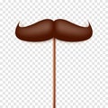 Realistic fake mustache on a wooden stick. Vintage paper mustache for carnival or holiday. Brown facial hair, hipster