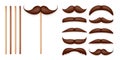 Realistic fake mustache on a wooden stick. Vintage paper mustache for carnival or holiday. Various brown facial hair
