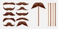 Realistic fake mustache on a wooden stick. Vintage paper mustache for carnival or holiday. Various brown facial hair