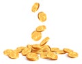 Realistic falling coins. Golden coin falling down, 3D gold jackpot rain, casino shiny falling cash money isolated vector