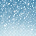 Realistic falling snow. Snow background. Frost storm, snowfall effect on blue transparent background. Christmas