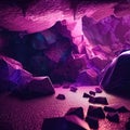 Realistic fantasy amethyst minerals cave. Abstract gems and crystals background