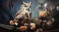 Realistic Fantasy Artwork Owl On Branch With Flowers