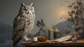 Realistic Fantasy Artwork: Owl On Table With Candles