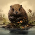 Realistic Fantasy Artwork: Small Beaver Holding Flowers Underwater