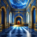 A realistic fantasy blue interior of the royal golden blue castle Fiction concept digital art