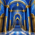 A realistic fantasy blue interior of the royal golden blue castle Fiction concept digital art