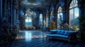 A realistic fantasy blue interior of the royal palace. Generative AI.