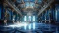 A realistic fantasy blue interior of the royal palace. Generative AI.