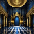 A realistic fantasy gold black interior of the royal golden blue castle Fiction concept digital art