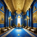 A realistic fantasy gold interior of the royal golden blue castle Fiction concept digital art