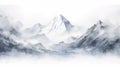 Realistic Fantasy Mountains In Fog: Ink Wash Painting With Serene Faces